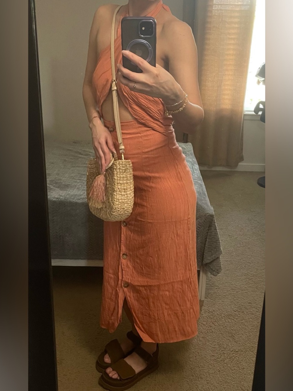 Line & Dot Rust Halter Midi Dress Button Front Smocked Back Size S Summer - Picture 15 of 15